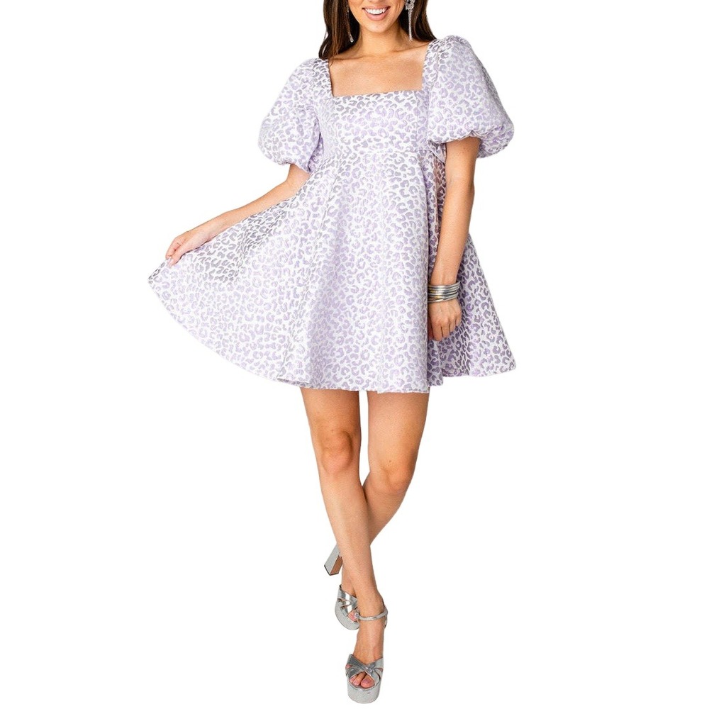 Buddy Love Lyla‎ Animal Print Jacquard Puff Sleeve Babydoll Mini Dress Coquette
